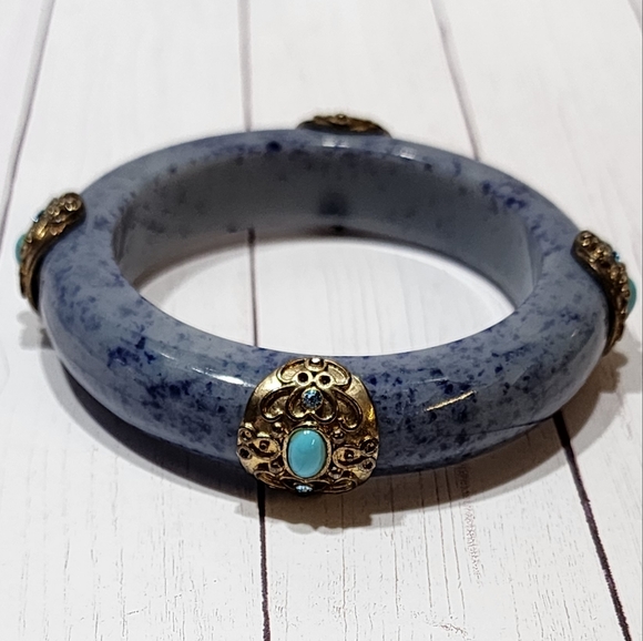 Blue Gray Blue Speckle Resin Bangle Faux Turquoise Beads & Crystals - Picture 3 of 4